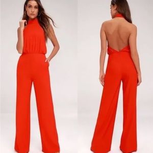 Lulu halter red jumpsuit, size large